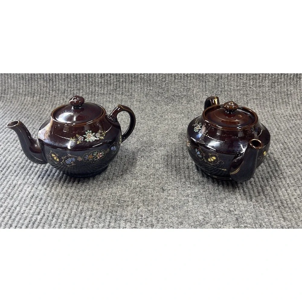 Redware Teapots Dark Brown HandPainted  Moriage Enamel Floral Japan Set Of 2 VTG